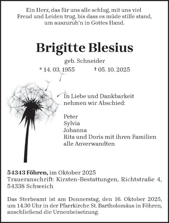 Traueranzeige von Brigitte Blesius von trierischer_volksfreund