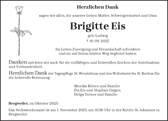 Traueranzeige von Brigitte Eis von trierischer_volksfreund