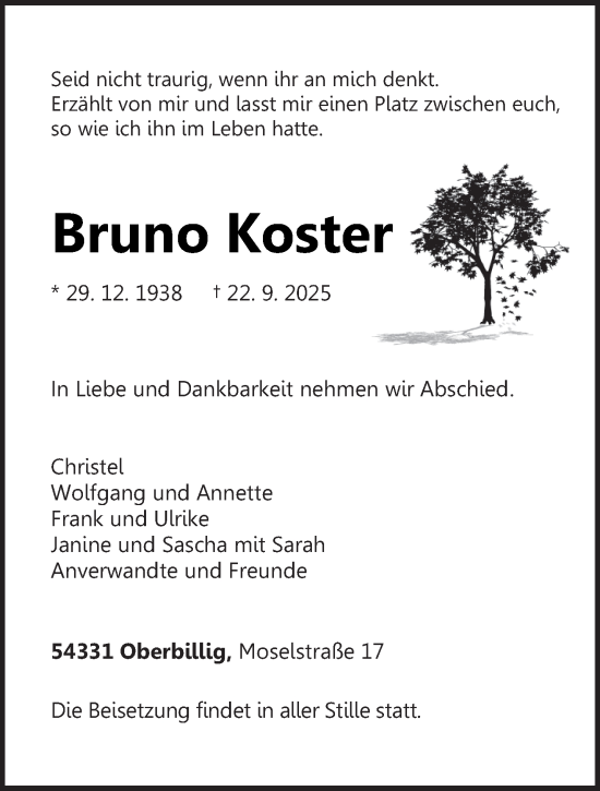 Traueranzeige von Bruno Koster von trierischer_volksfreund
