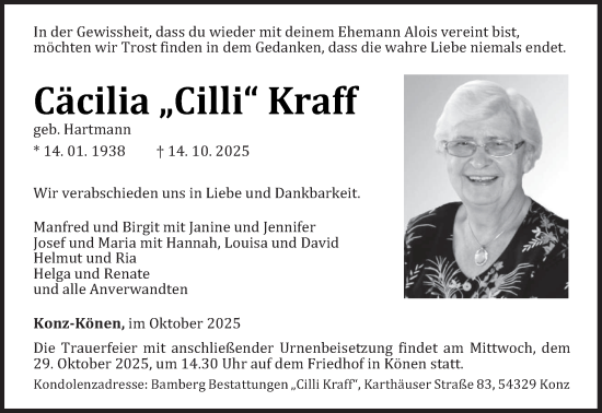 Traueranzeige von Cäcilia Kraff von trierischer_volksfreund
