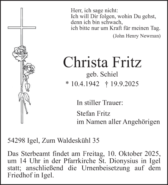 Traueranzeige von Christa Fritz von trierischer_volksfreund