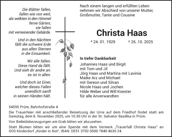 Traueranzeige von Christa Haas von trierischer_volksfreund