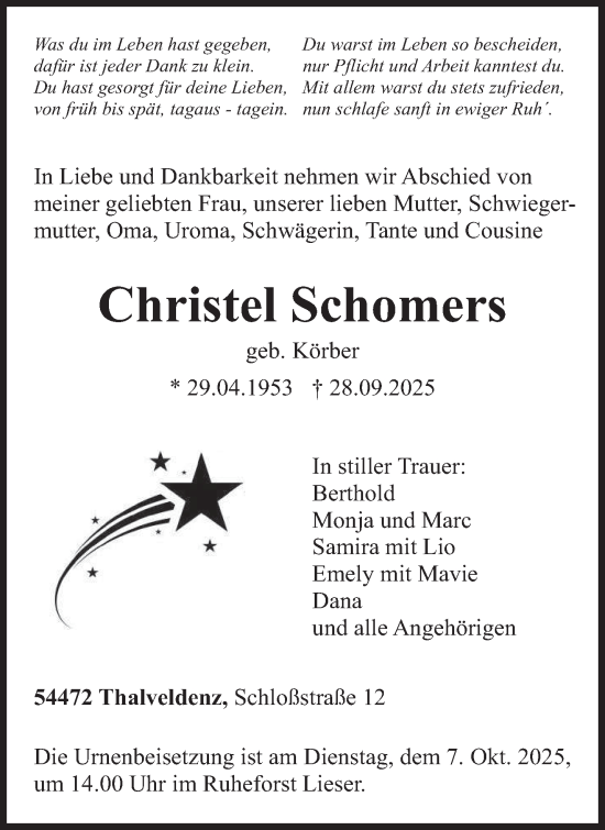 Traueranzeige von Christel Schomers von trierischer_volksfreund