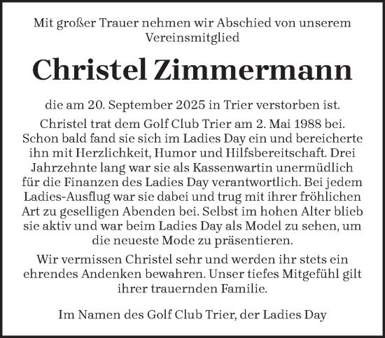 Traueranzeige von Christel Zimmermann von trierischer_volksfreund