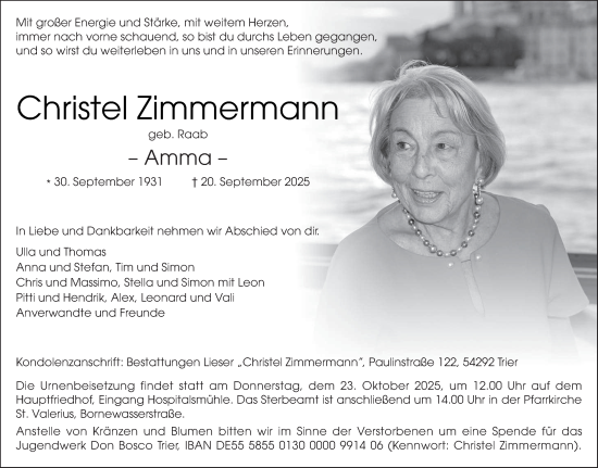 Traueranzeige von Christel Zimmermann von trierischer_volksfreund