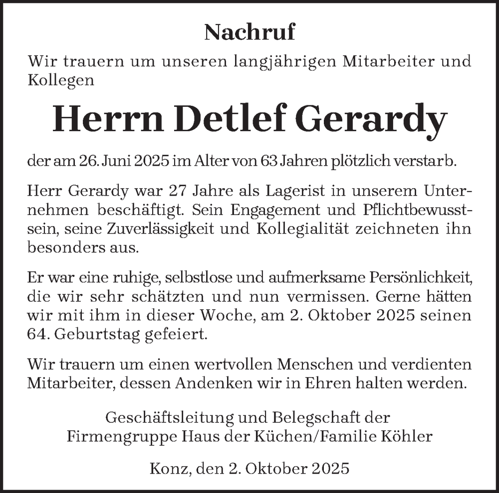  Traueranzeige für Detlef Gerardy vom 02.10.2025 aus trierischer_volksfreund