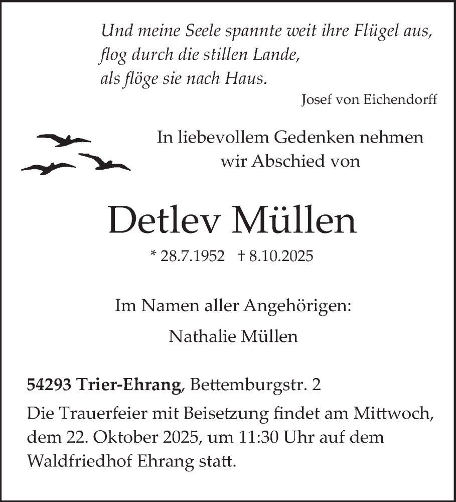  Traueranzeige für Detlev Müllen vom 15.10.2025 aus trierischer_volksfreund