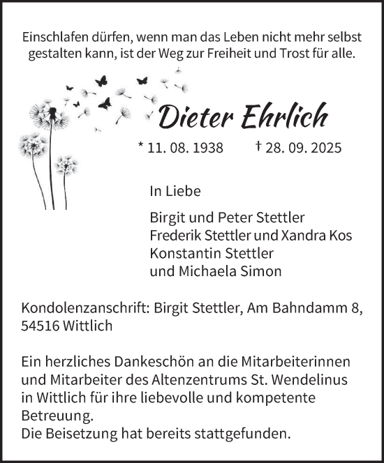 Traueranzeige von Dieter Ehrlich von trierischer_volksfreund