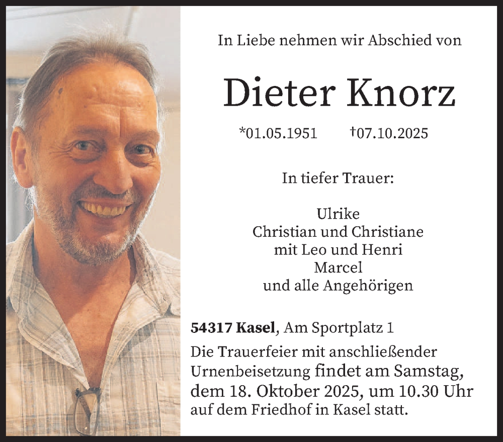  Traueranzeige für Dieter Knorz vom 11.10.2025 aus trierischer_volksfreund