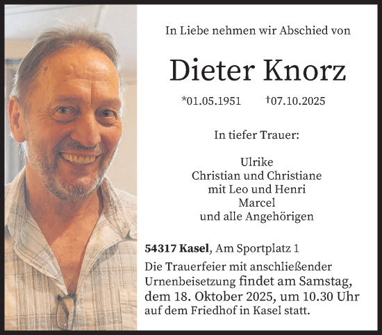 Traueranzeige von Dieter Knorz von trierischer_volksfreund