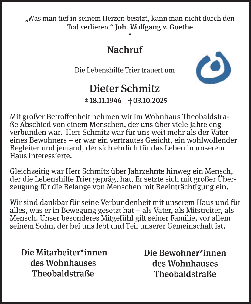  Traueranzeige für Dieter Schmitz vom 08.10.2025 aus trierischer_volksfreund