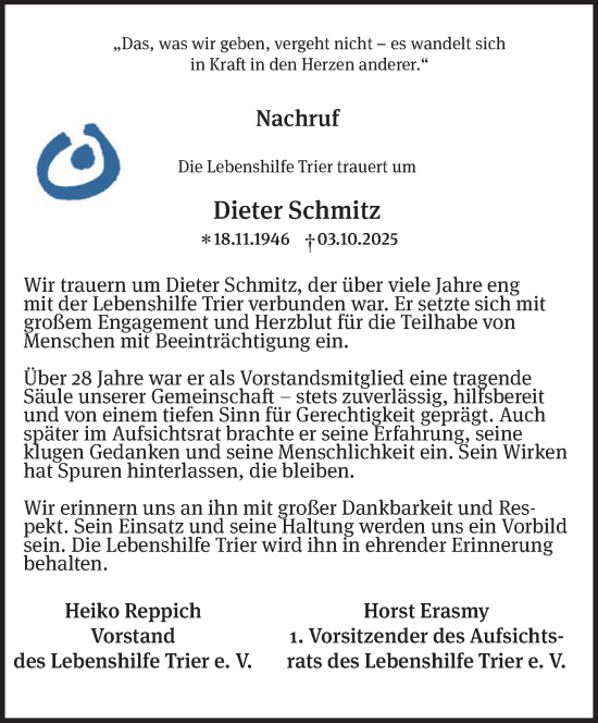 Traueranzeige von Dieter Schmitz von trierischer_volksfreund