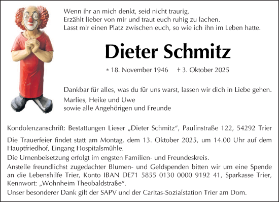 Traueranzeige von Dieter Schmitz von trierischer_volksfreund