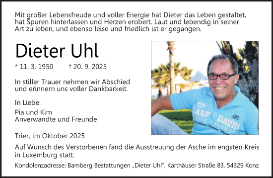 Traueranzeige von Dieter Uhl von trierischer_volksfreund