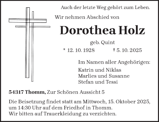 Traueranzeige von Dorothea Holz von trierischer_volksfreund