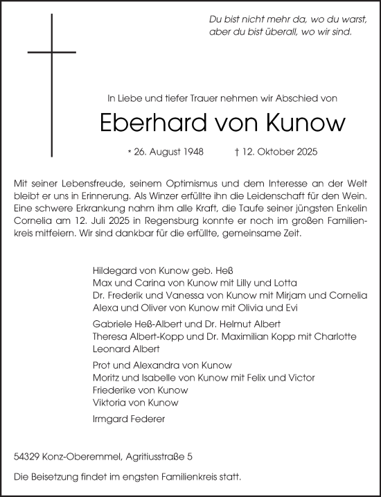 Traueranzeige von Eberhard von Kunow von trierischer_volksfreund