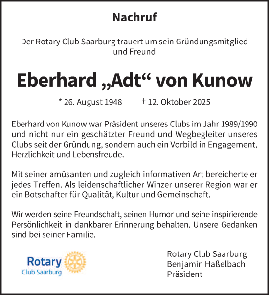 Traueranzeige von Eberhard von Kunow von trierischer_volksfreund