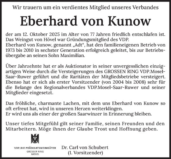 Traueranzeige von Eberhard von Kunow von trierischer_volksfreund