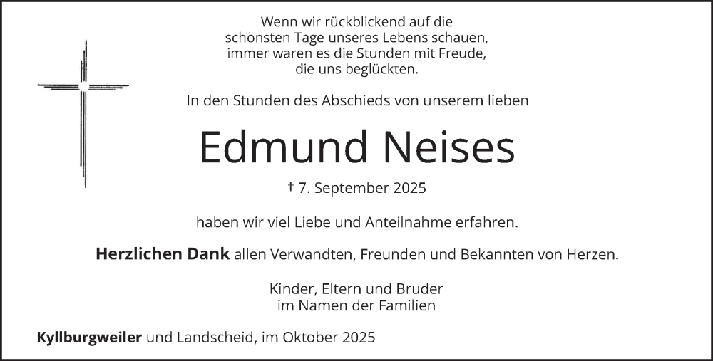  Traueranzeige für Edmund Neises vom 25.10.2025 aus trierischer_volksfreund