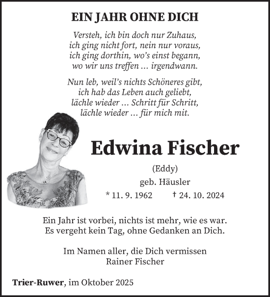 Traueranzeige von Edwina Fischer von trierischer_volksfreund