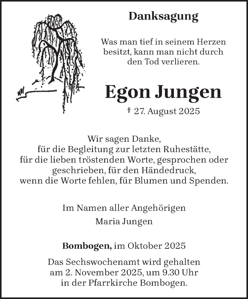  Traueranzeige für Egon Jungen vom 18.10.2025 aus trierischer_volksfreund