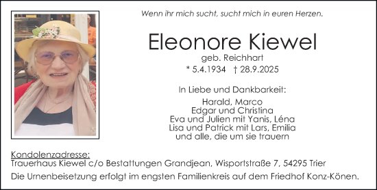 Traueranzeige von Eleonore Kiewel von trierischer_volksfreund