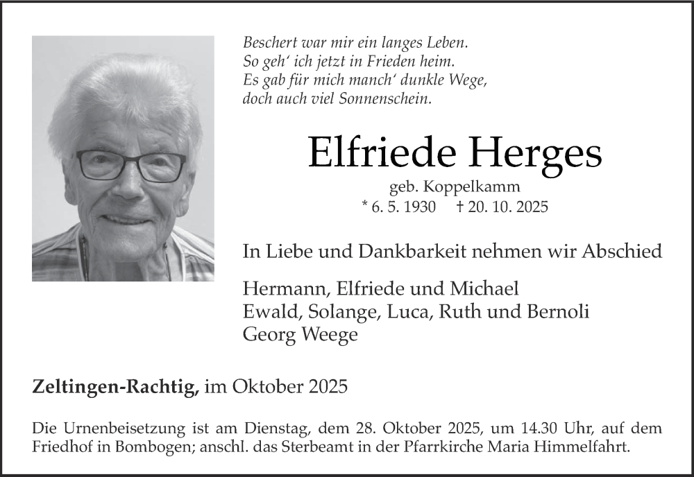  Traueranzeige für Elfriede Herges vom 25.10.2025 aus trierischer_volksfreund
