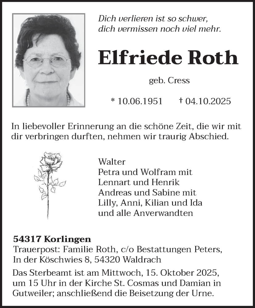  Traueranzeige für Elfriede Roth vom 11.10.2025 aus trierischer_volksfreund
