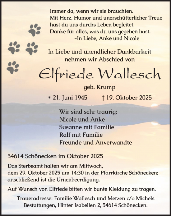 Traueranzeige von Elfriede Wallesch von trierischer_volksfreund