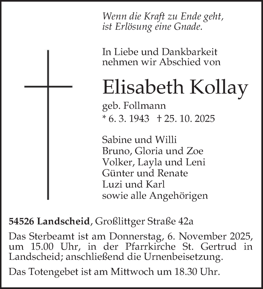 Traueranzeige für Elisabeth Kollay vom 30.10.2025 aus trierischer_volksfreund