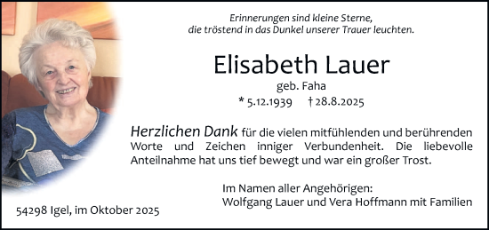 Traueranzeige von Elisabeth Lauer von trierischer_volksfreund
