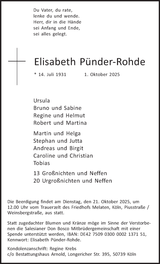 Traueranzeige von Elisabeth Pünder-Rohde von trierischer_volksfreund