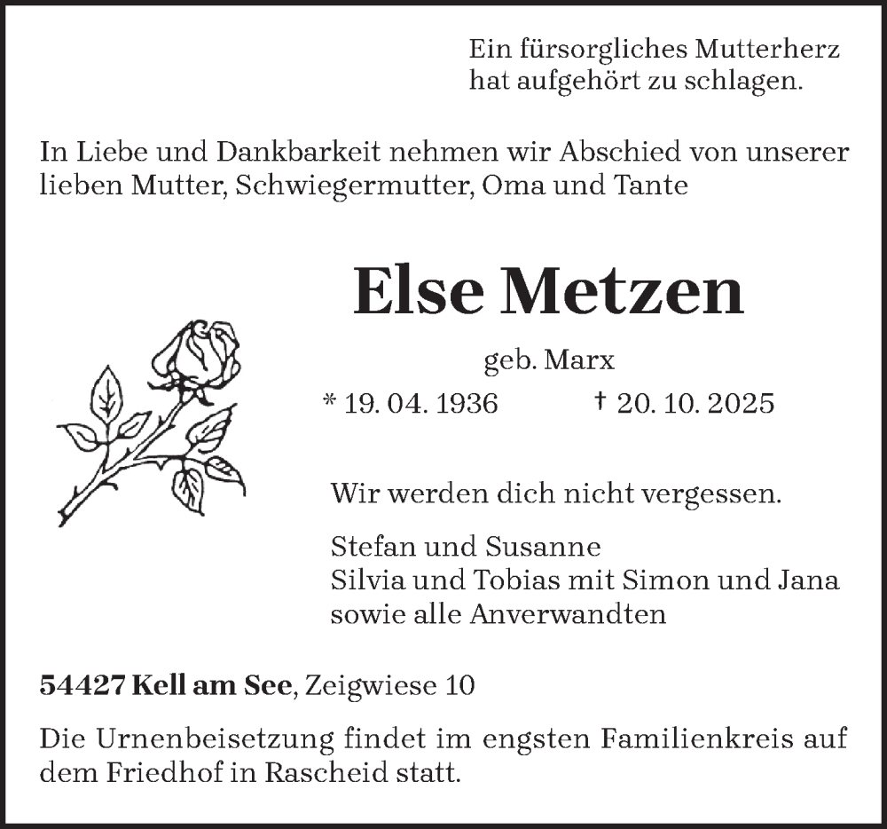  Traueranzeige für Else Metzen vom 22.10.2025 aus trierischer_volksfreund