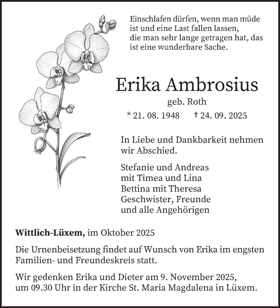  Traueranzeige für Erika Ambrosius vom 04.10.2025 aus trierischer_volksfreund