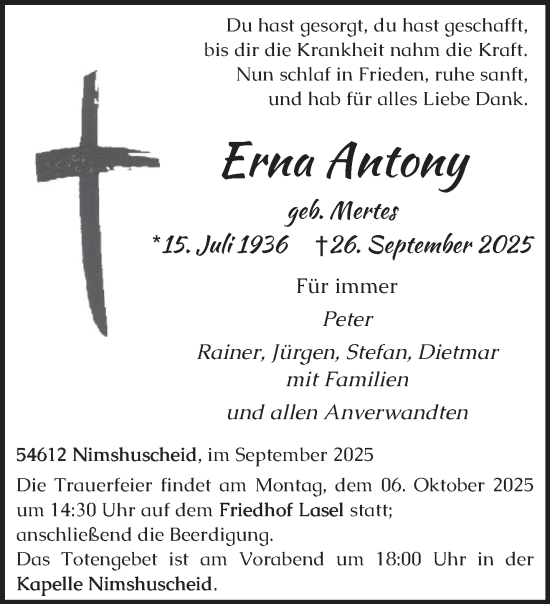 Traueranzeige von Erna Antony von trierischer_volksfreund