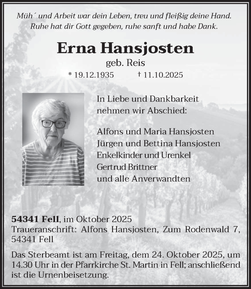  Traueranzeige für Erna Hansjosten vom 18.10.2025 aus trierischer_volksfreund