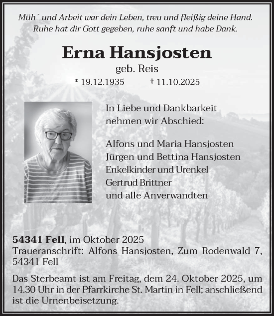 Traueranzeige von Erna Hansjosten von trierischer_volksfreund