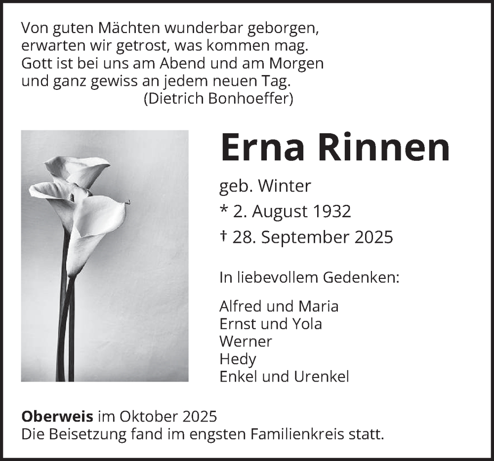  Traueranzeige für Erna Rinnen vom 15.10.2025 aus trierischer_volksfreund