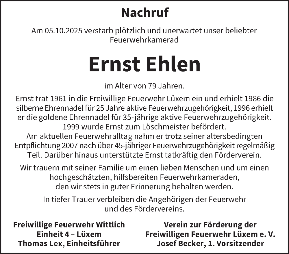  Traueranzeige für Ernst Ehlen vom 15.10.2025 aus trierischer_volksfreund
