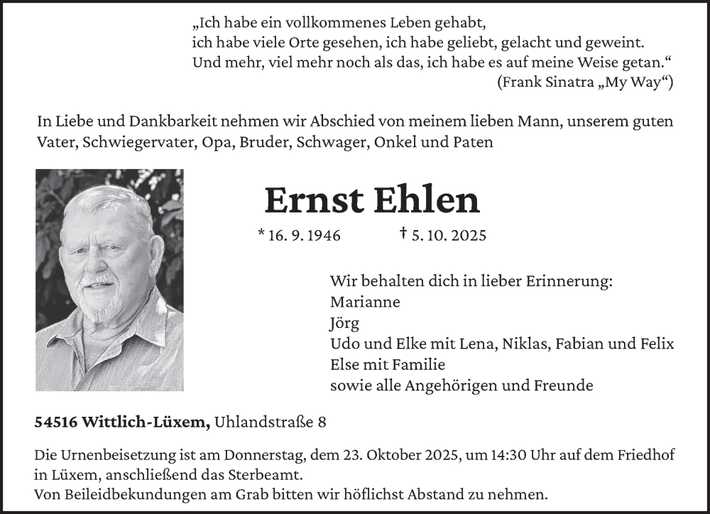  Traueranzeige für Ernst Ehlen vom 15.10.2025 aus trierischer_volksfreund