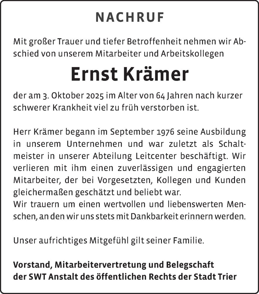  Traueranzeige für Ernst Krämer vom 14.10.2025 aus trierischer_volksfreund