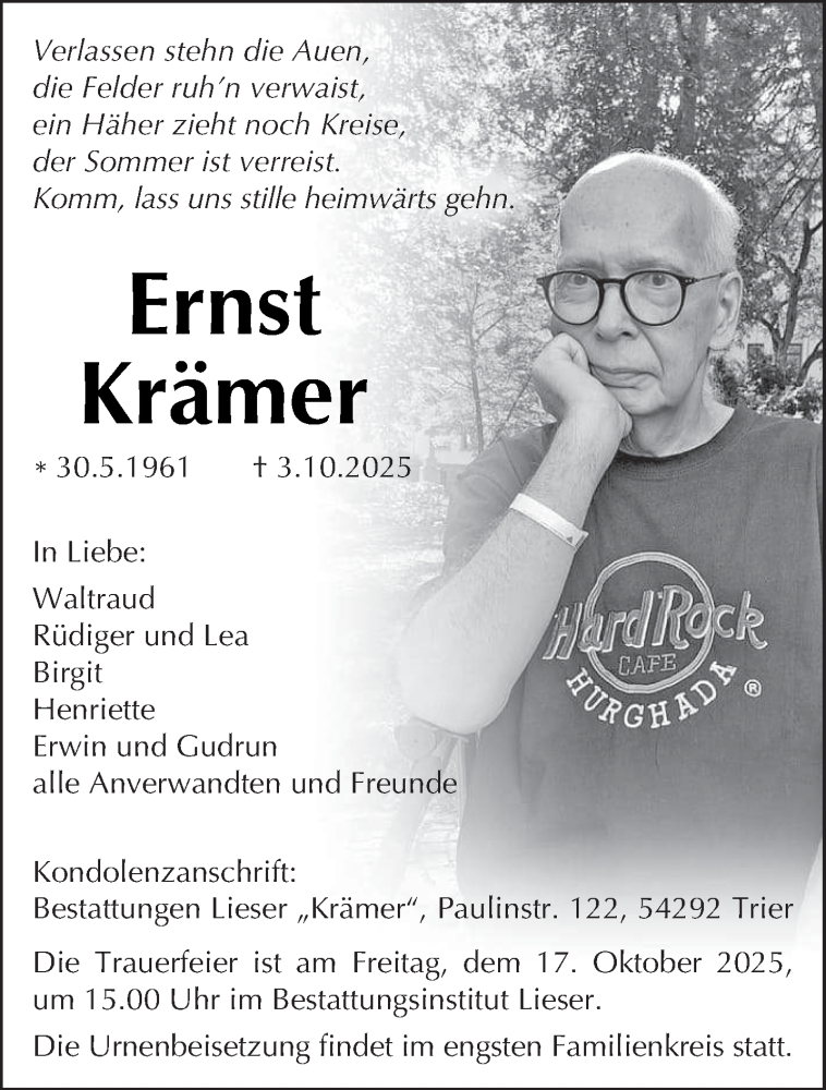  Traueranzeige für Ernst Krämer vom 11.10.2025 aus trierischer_volksfreund
