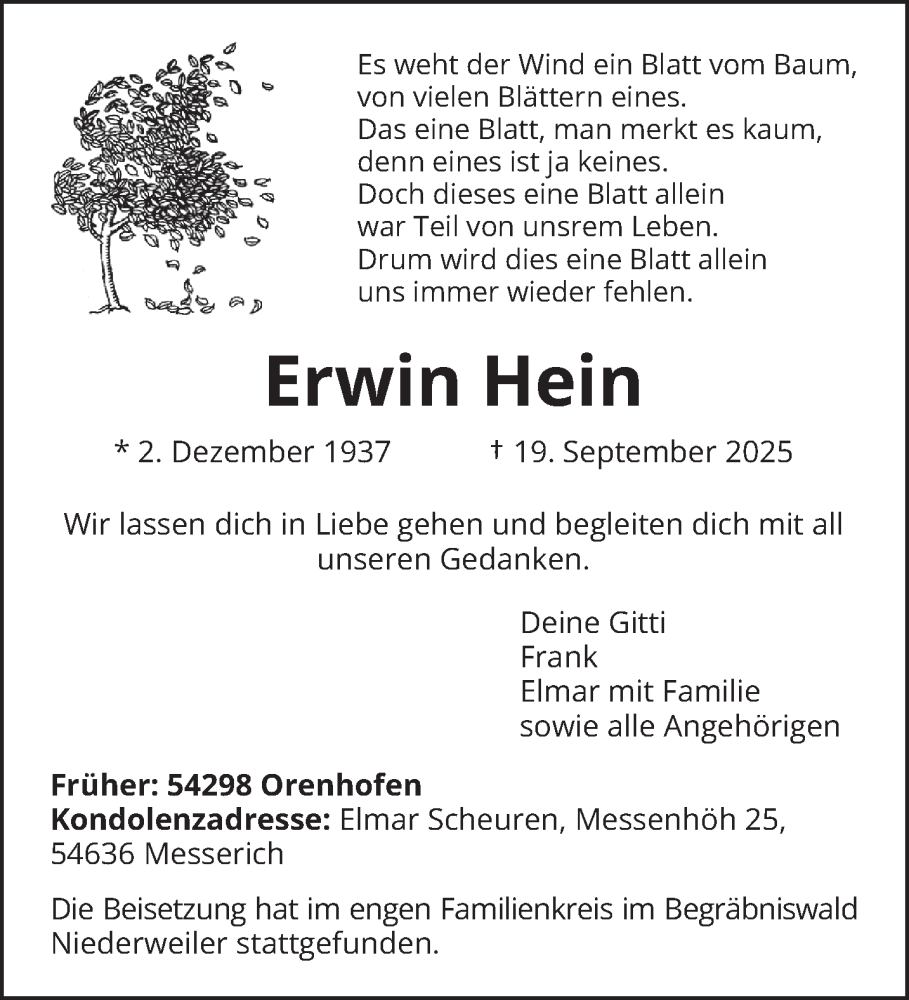  Traueranzeige für Erwin Hein vom 04.10.2025 aus trierischer_volksfreund