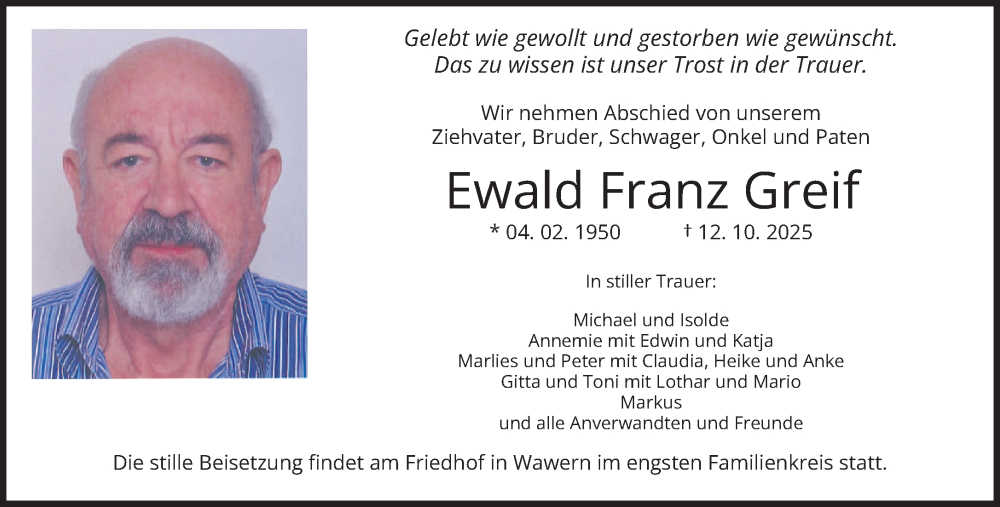  Traueranzeige für Ewald Franz Greif vom 18.10.2025 aus trierischer_volksfreund