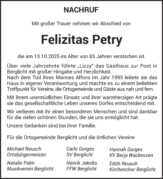 Traueranzeige von Felizitas Petry von trierischer_volksfreund