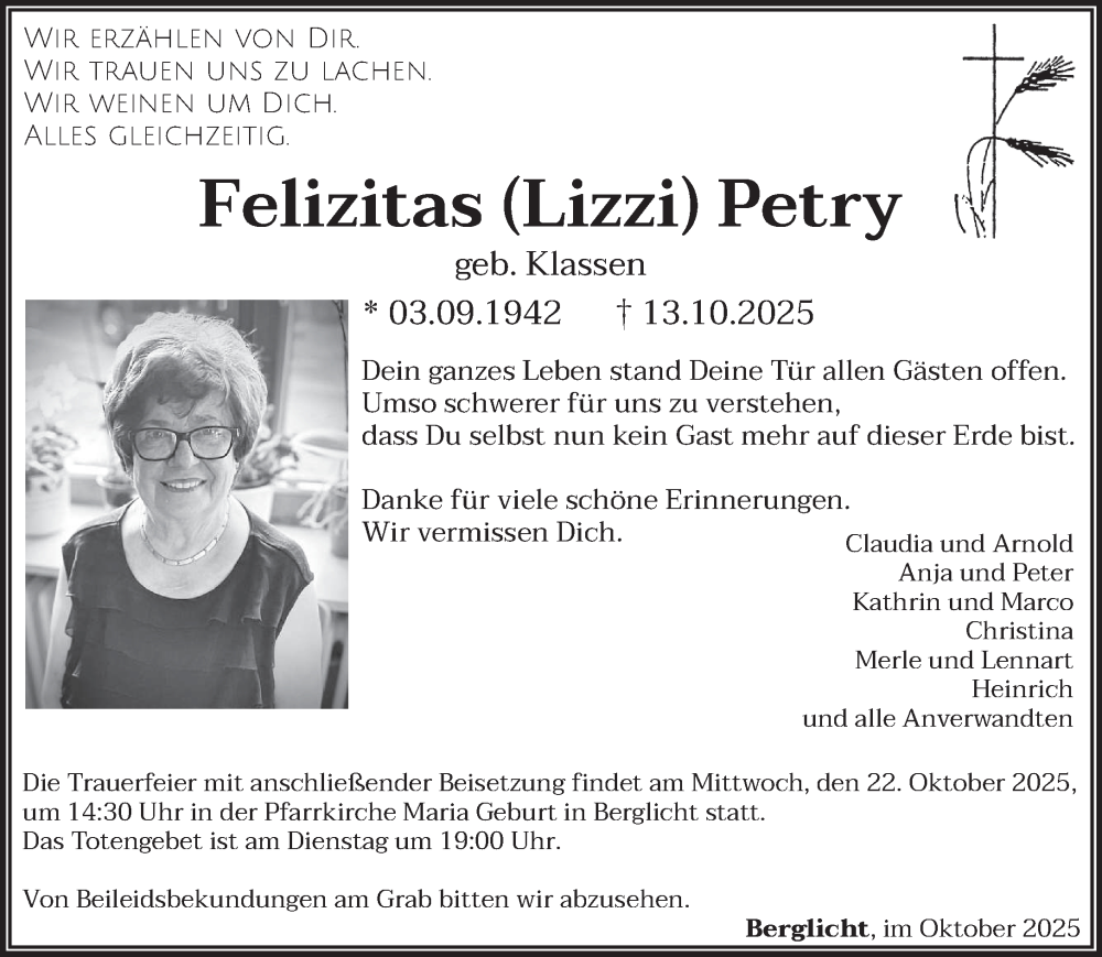  Traueranzeige für Felizitas Petry vom 18.10.2025 aus trierischer_volksfreund