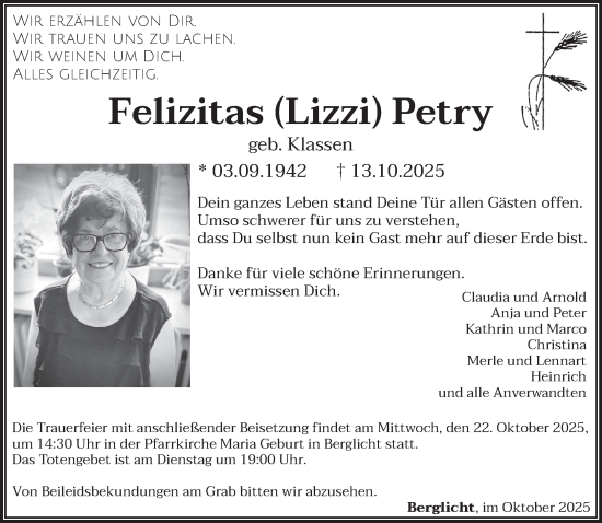 Traueranzeige von Felizitas Petry von trierischer_volksfreund