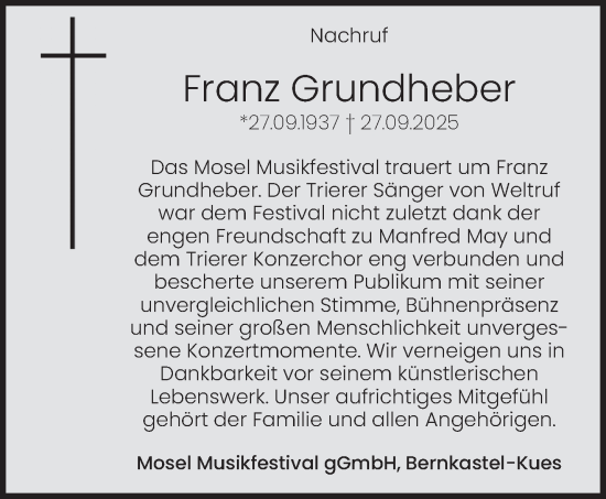 Traueranzeige von Franz Grundheber von trierischer_volksfreund