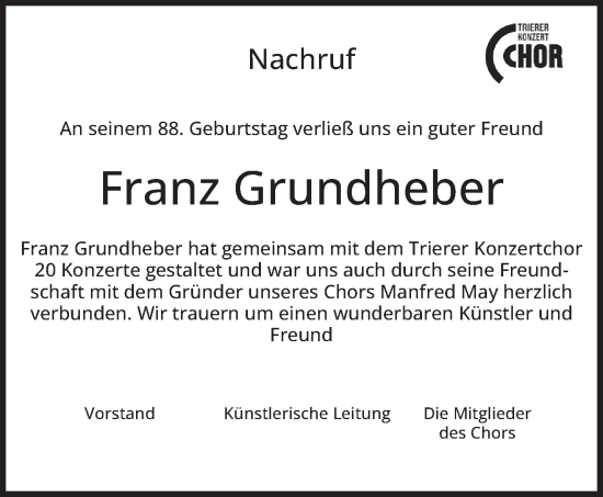Traueranzeige von Franz Grundheber von trierischer_volksfreund