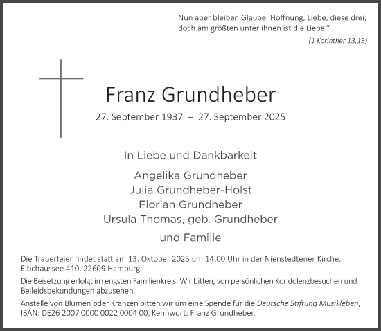 Traueranzeige von Franz Grundheber von trierischer_volksfreund